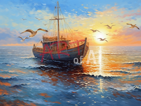 In diesem Ölgemälde wird die ruhige Schönheit eines mediterranen Sonnenuntergangs festgehalten: Ein weißes Fischerboot gleitet auf dem Ozean, Möwen fliegen, Delfine springen, und die Farben des Sonnenuntergangs verzaubern.